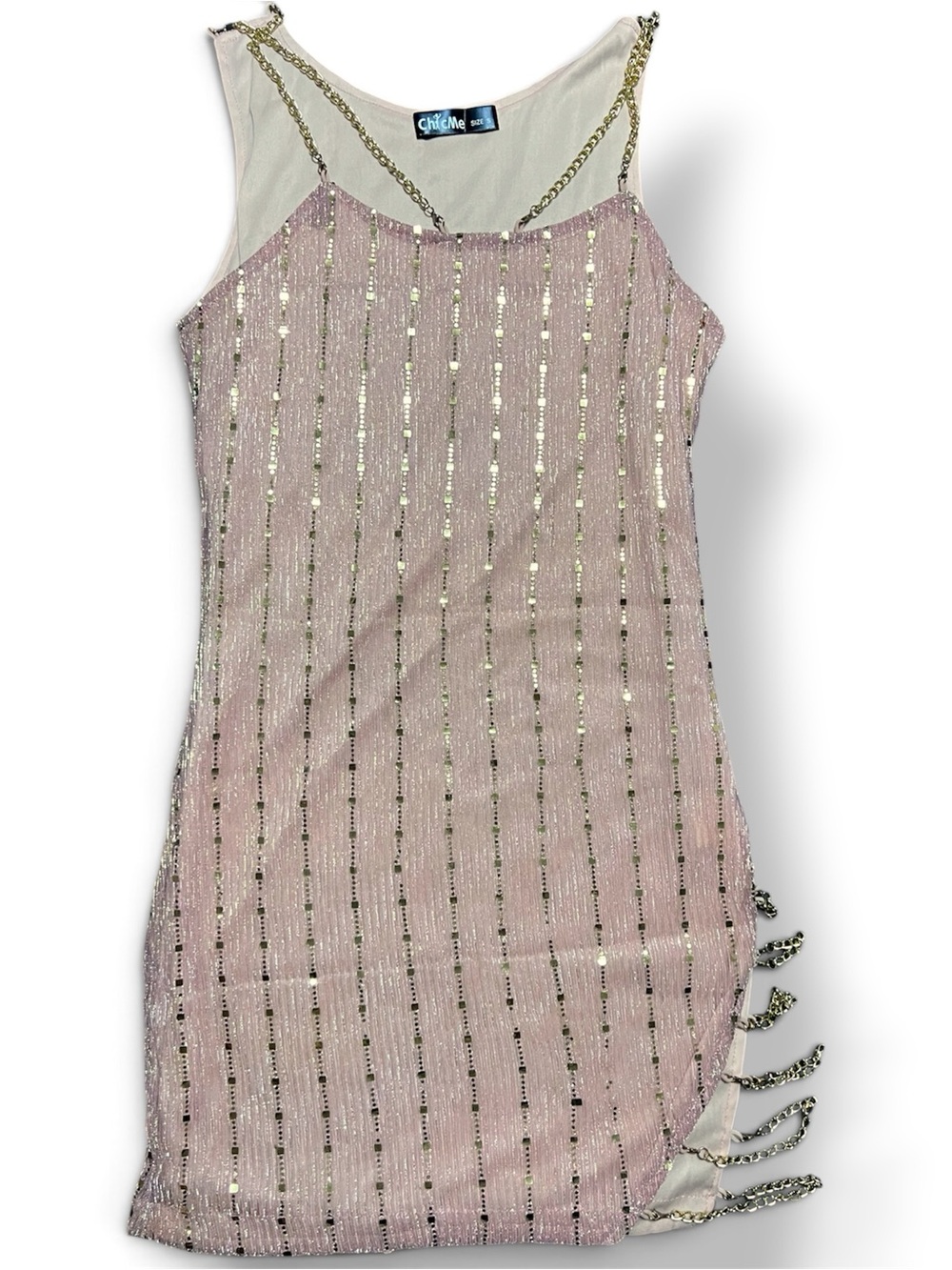 Chic Blush Pink Sequin Mini Dress with Gold Chain Straps